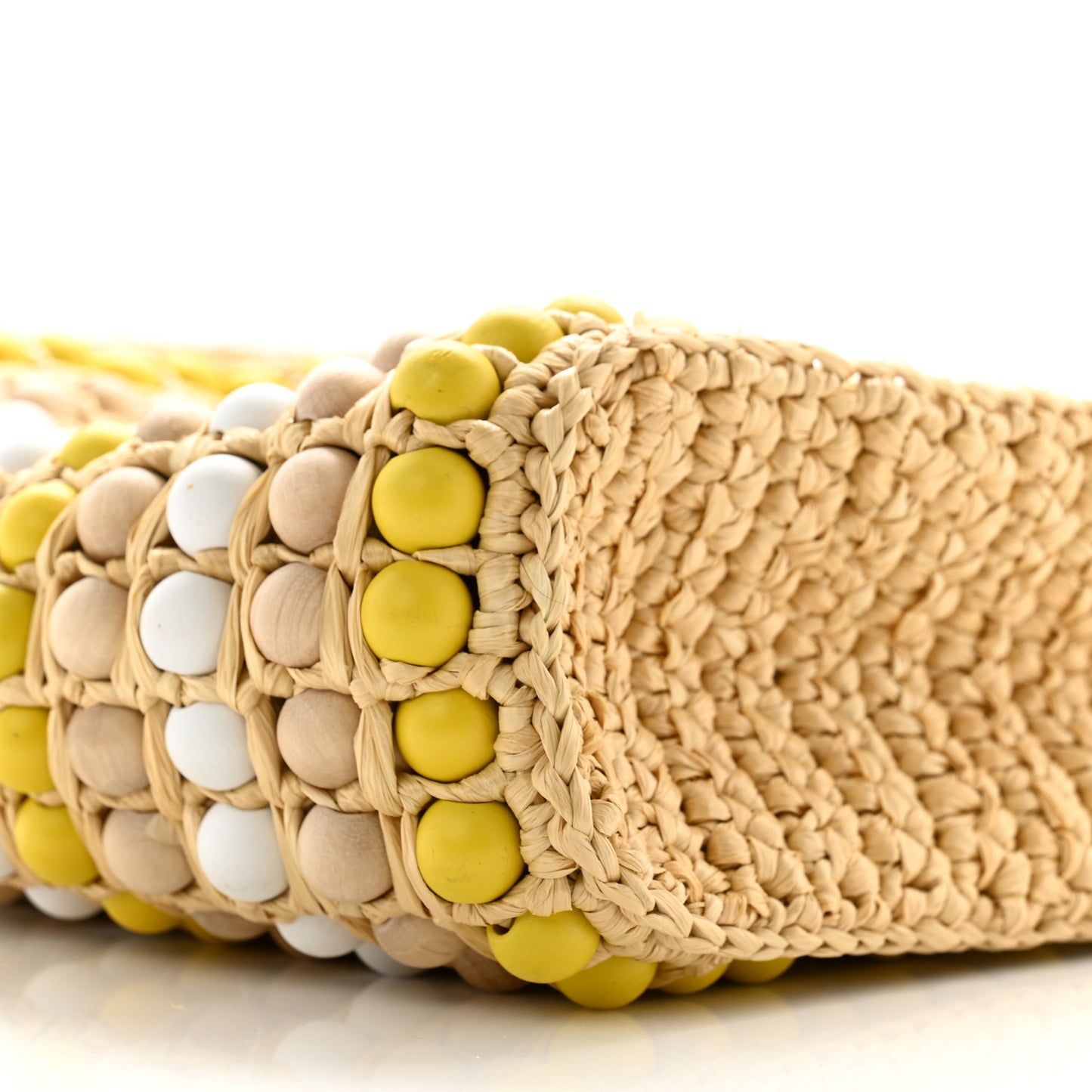 Raffia Wood Bead Embroidered Logo Tote Bag Naturale