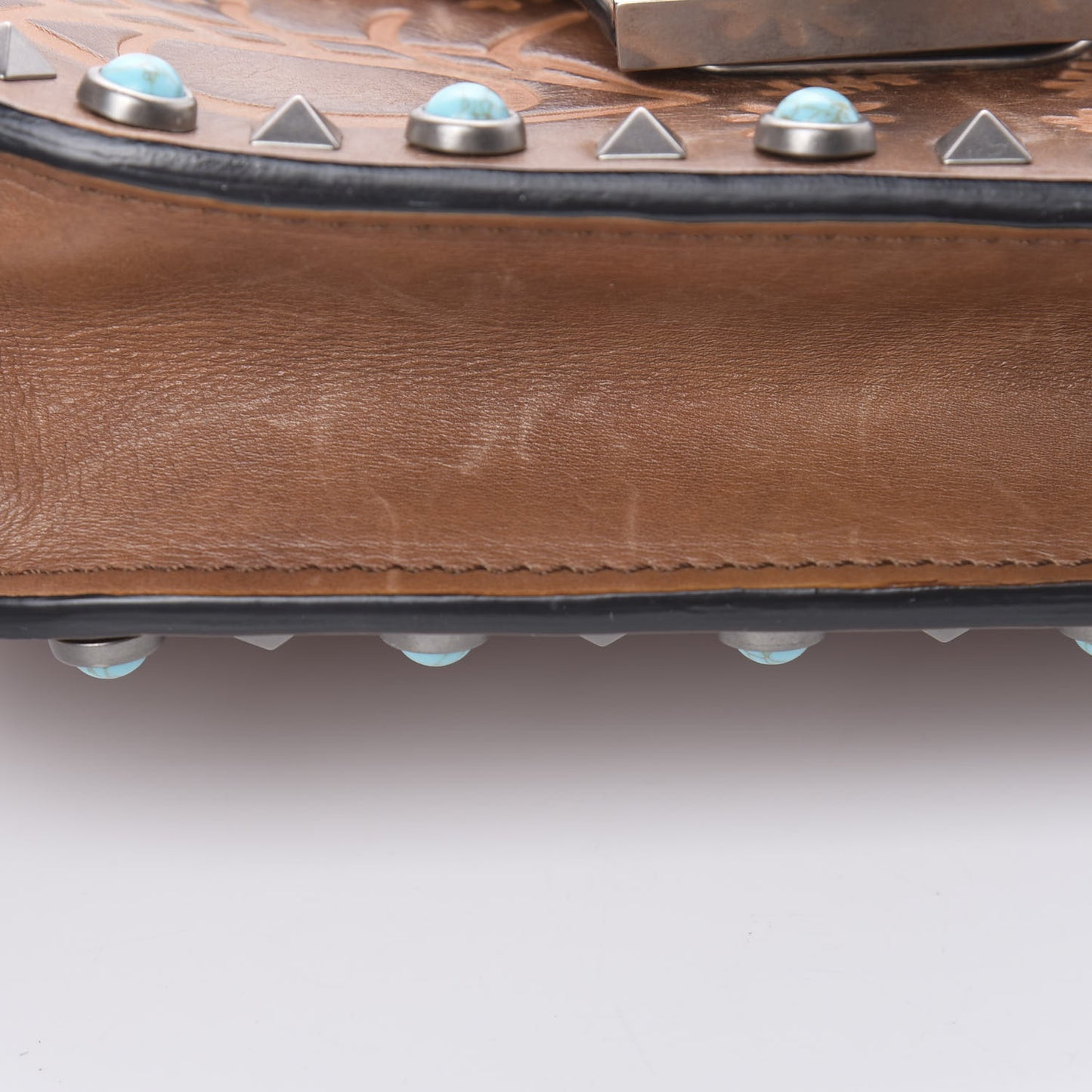 Calfskin Embossed Guitar Strap Rockstud Rolling Shoulder Flap Messenger Bag Tan
