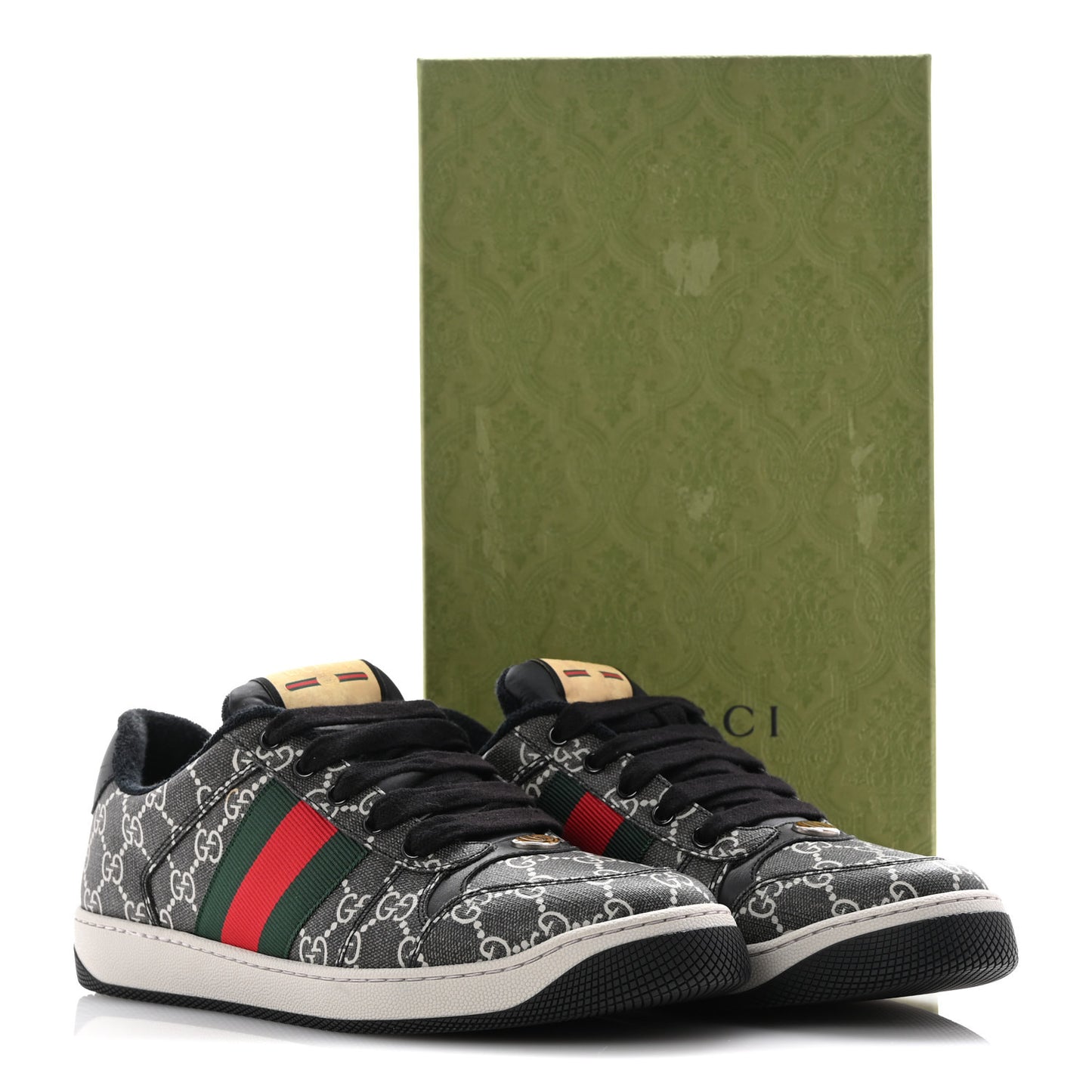 GG Supereme Monogram Miro Soft Calfskin Web Mens Screener Sneakers 8 Black Grey Sky