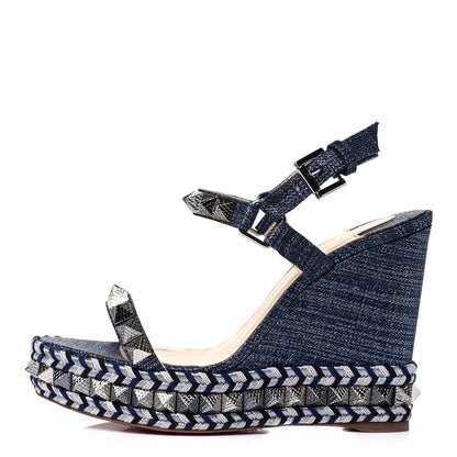 Christian Louboutin Lame Lux Pyraclou 110 Wedge Sandals 37 Denim 1 of 5