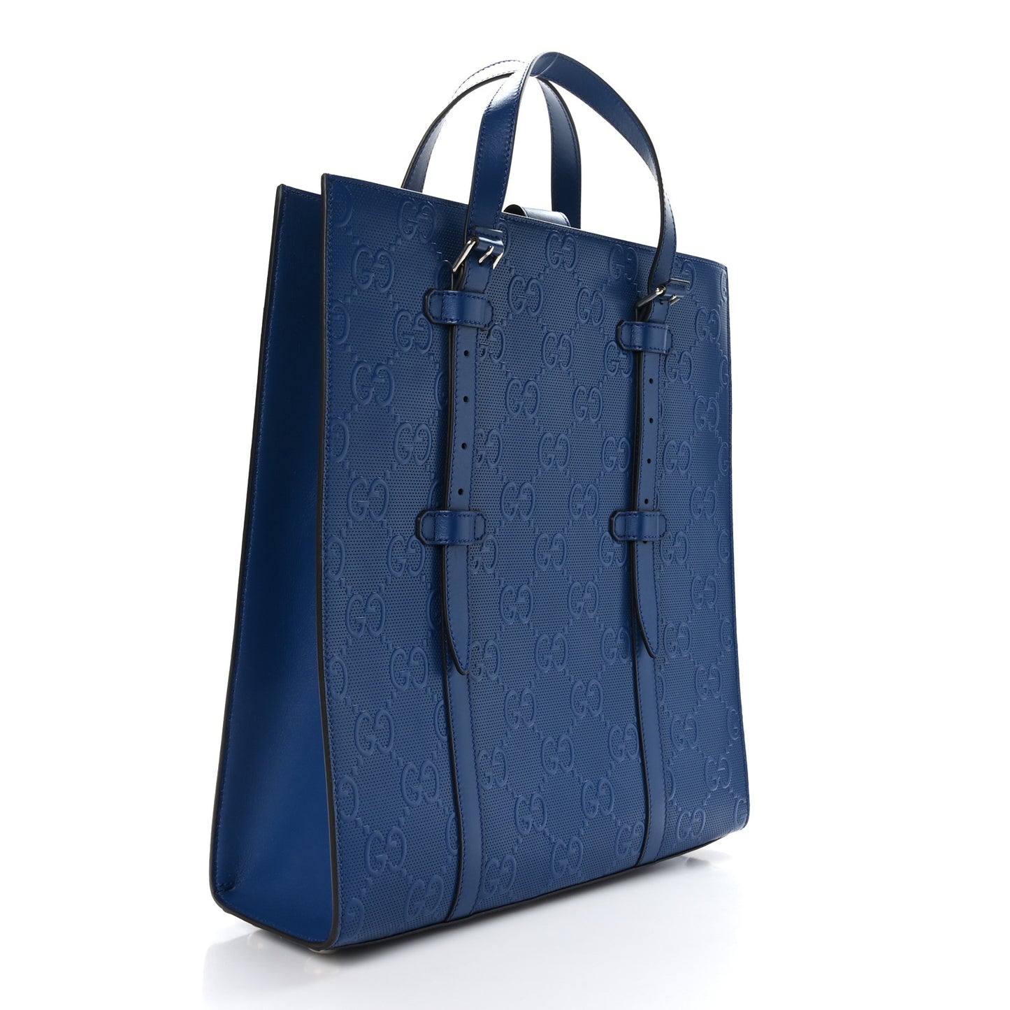 Calfskin GG Tennis Embossed Medium Tote Bag Intense Metal Blue