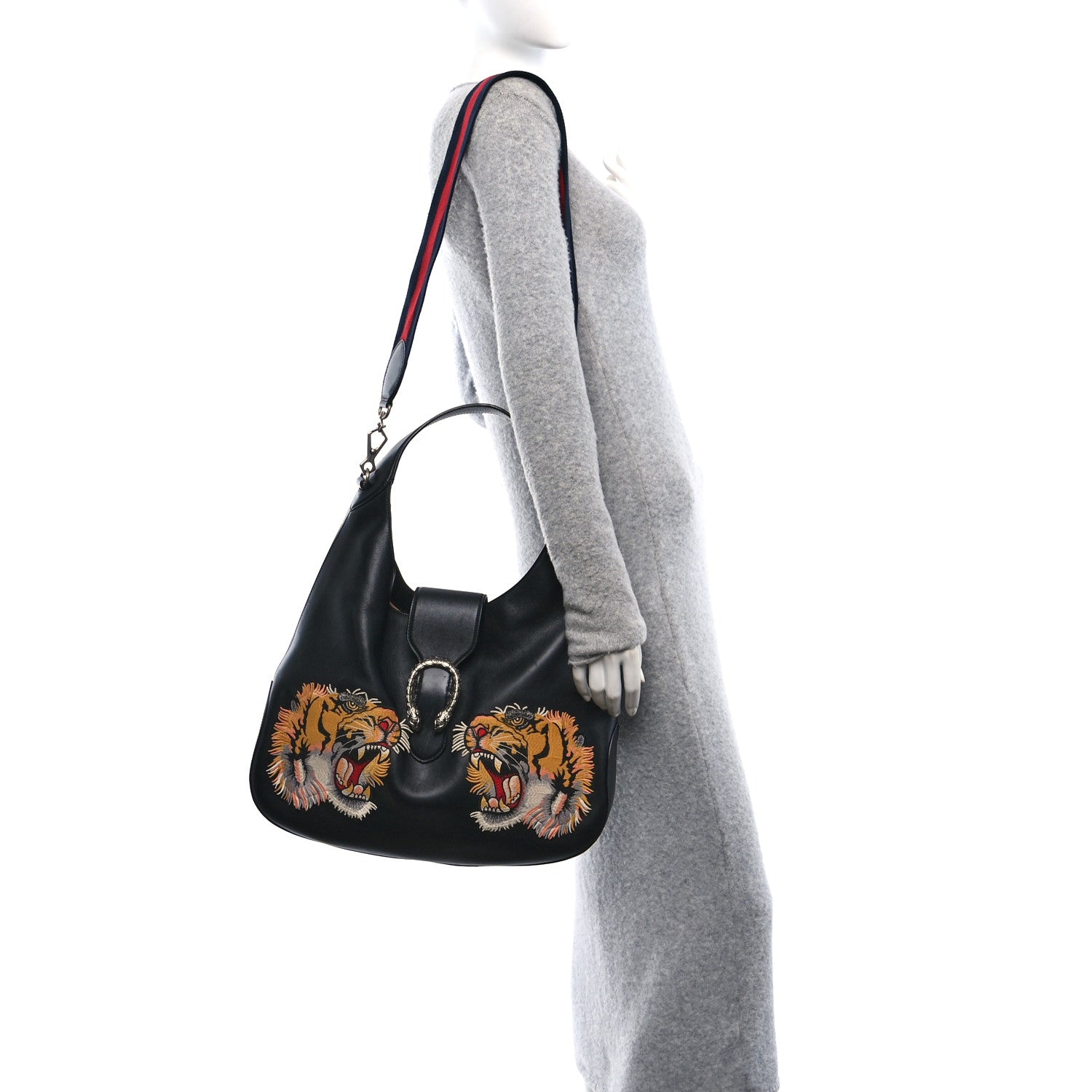 Gucci Calfskin Web Tiger Embroidered Large Dionysus Hobo Black 2 of 11