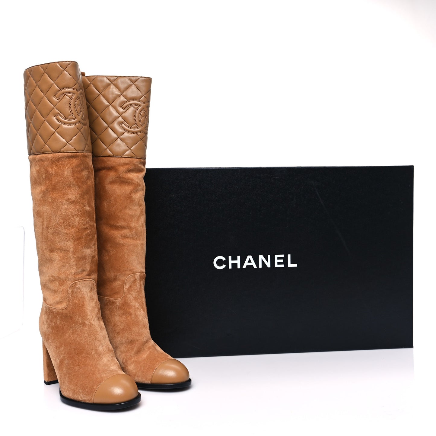 Suede Calfskin Lambskin Quilted Knee High Boots 36.5 Beige