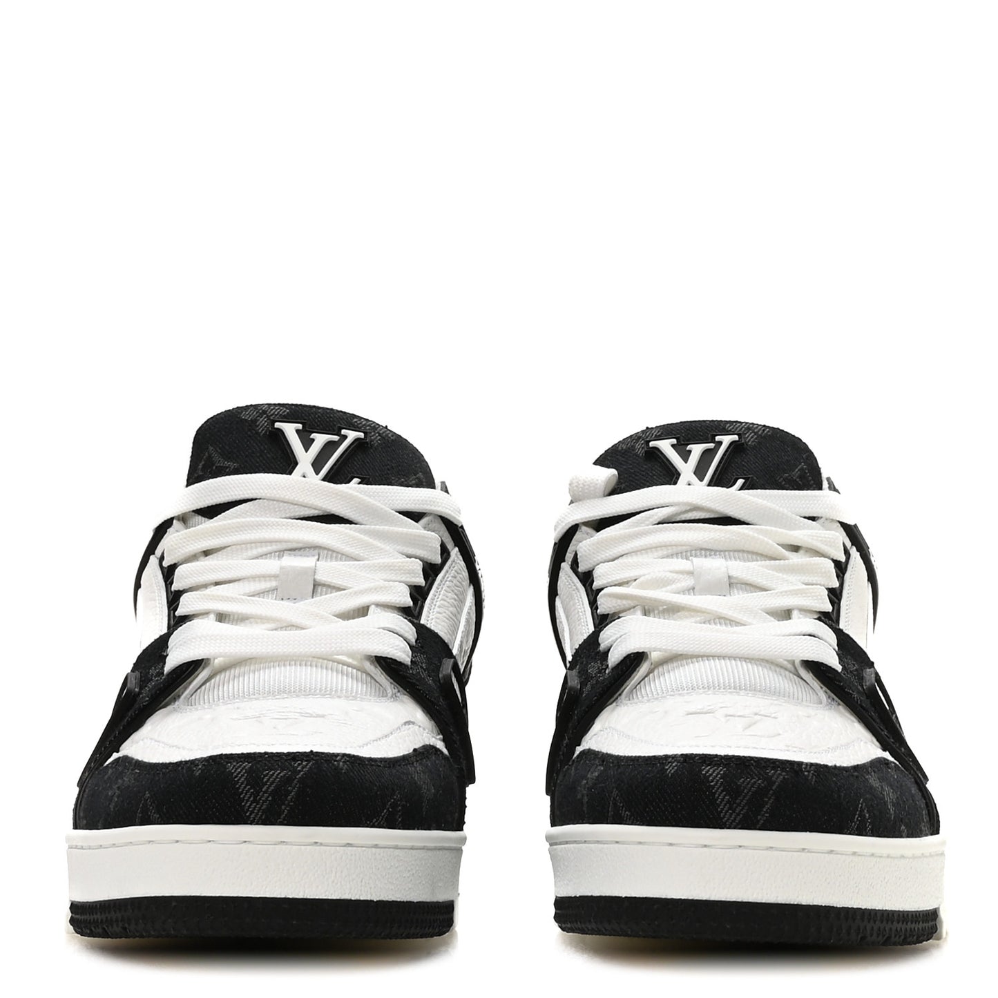Calfskin Embossed Monogram Denim Mens LV Trainer Sneakers  9.5 Black
