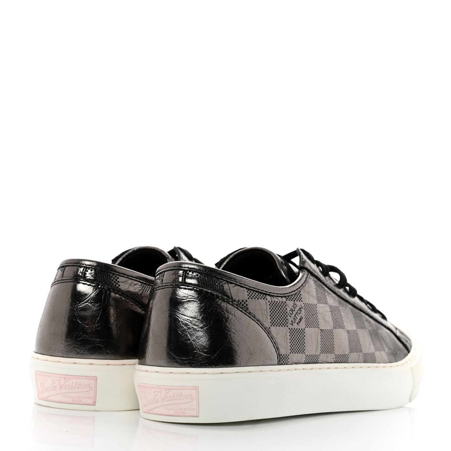 Metallic Patent Embossed Damier Tattoo Mens Low Top Sneakers 7.5 Grey