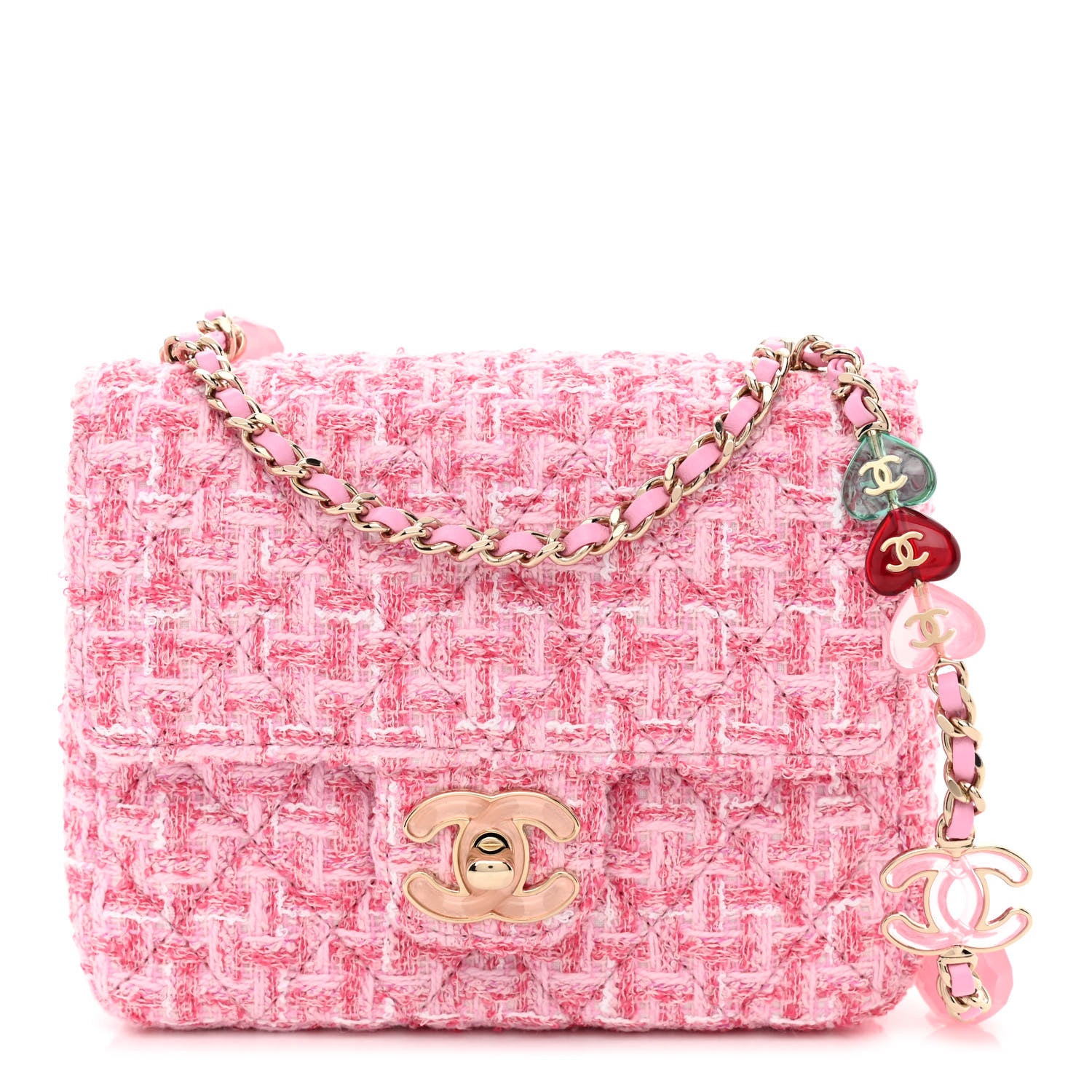 Chanel Tweed Resin Quilted Mini Heart Square Flap Pink White 1 of 11
