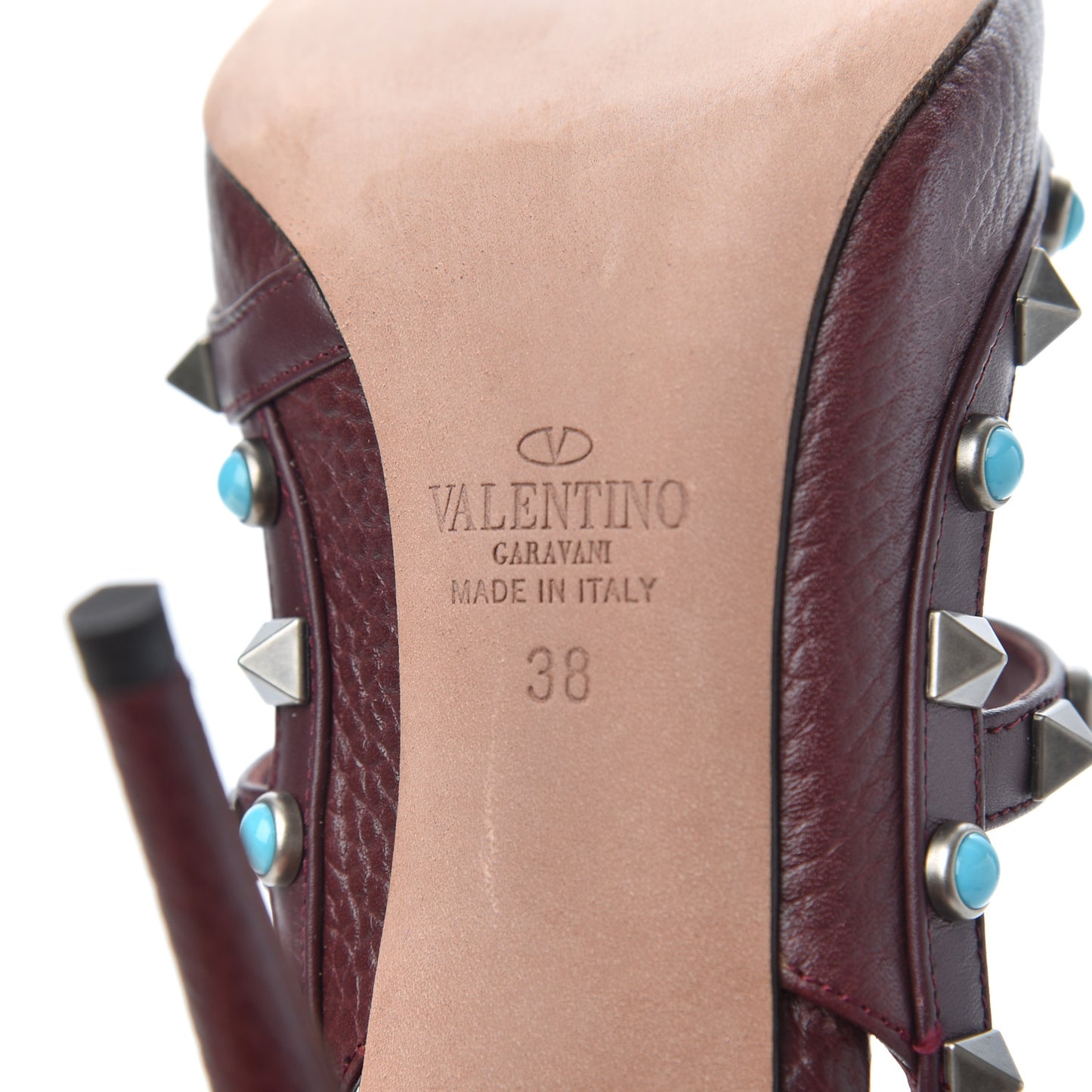 Pebbled Calfskin Turquoise Rockstud Rolling Ankle Strap 100mm Pumps 38 Rubin
