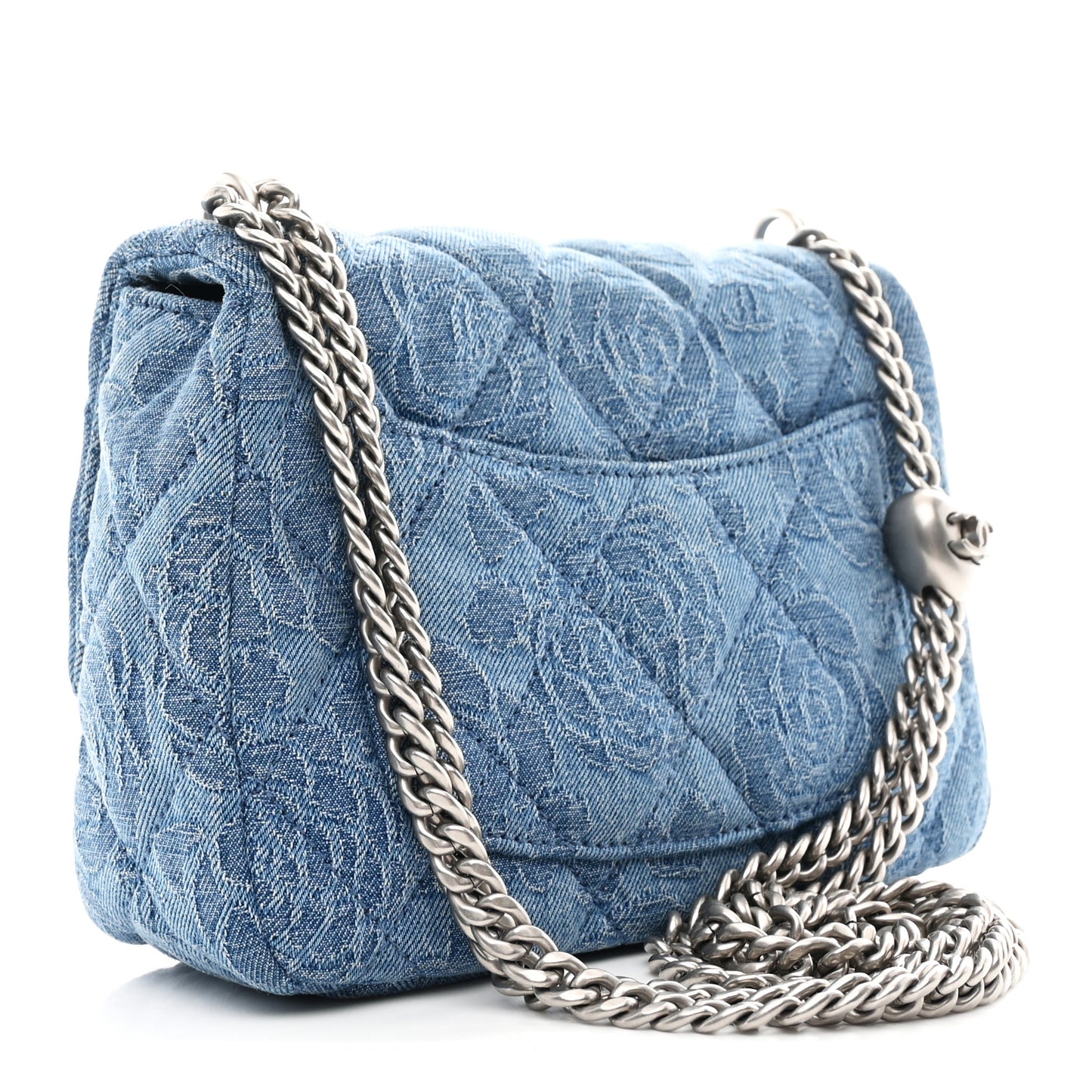 Denim Quilted Camellia Sweetheart Mini Flap Blue