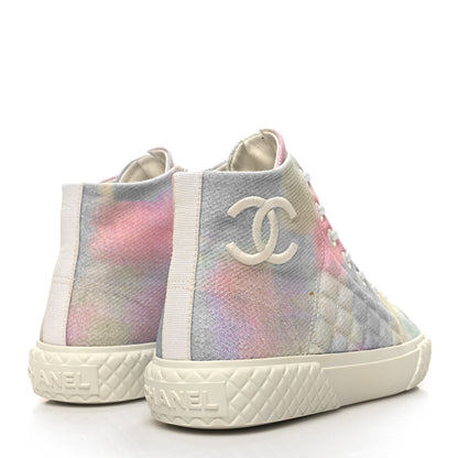 Chanel Printed Fabric Quilted High Top Sneakers 36 Green Pink Blue White 4 of 11