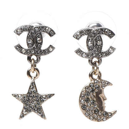 Chanel Ruthenium Crystal CC Star Moon Earrings Grey Gold 1 of 4