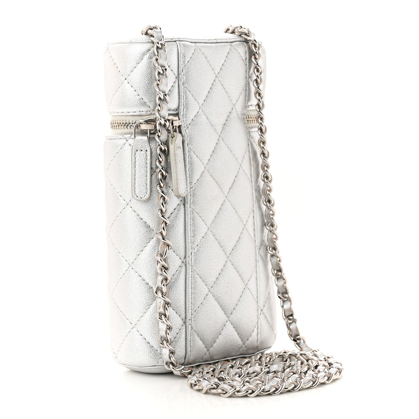 Metallic Lambskin Quilted Phone Holder With Chain Silver