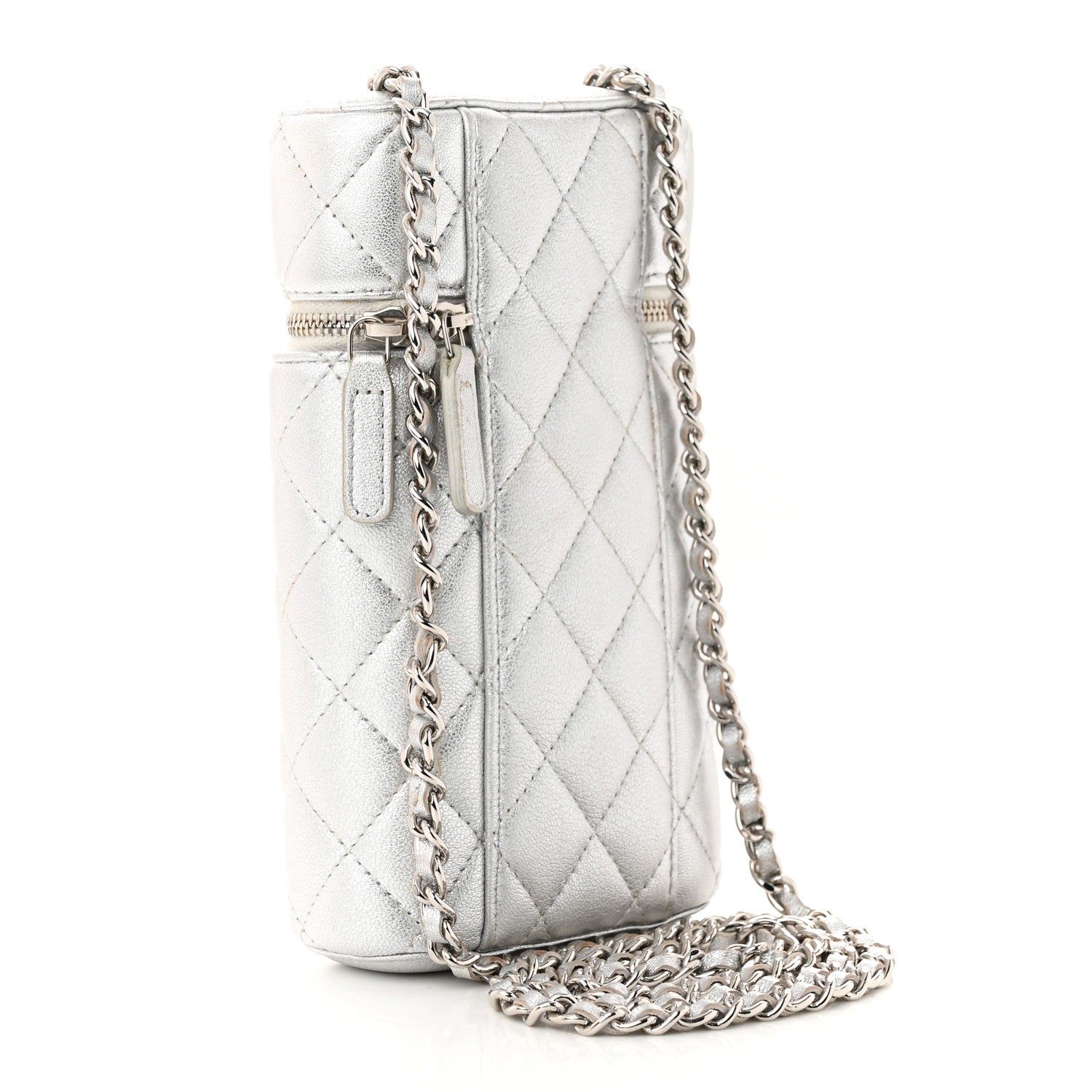 Chanel Metallic Lambskin Quilted Phone Holder With Chain Silver 3 of 14