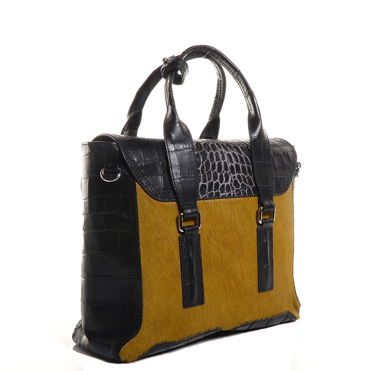 3.1 Calf Hair Crocodile Embossed Leather Medium Pashli Satchel Antique Grey Olive