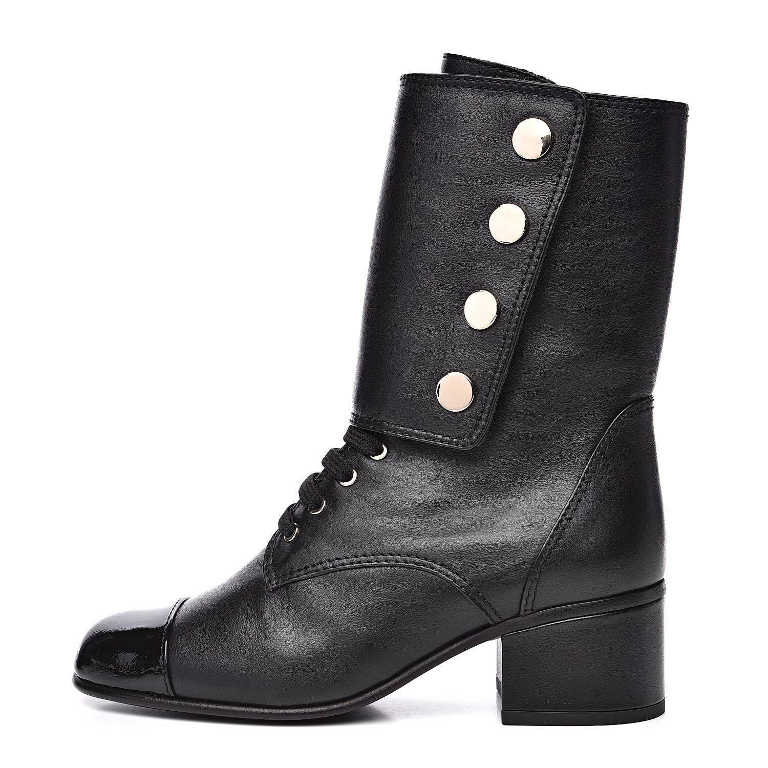 Chanel Calfskin Patent Cap Toe CC Lace Up Boots 37 Black 1 of 8