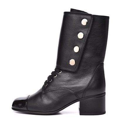 Chanel Calfskin Patent Cap Toe CC Lace Up Boots 37 Black 1 of 8