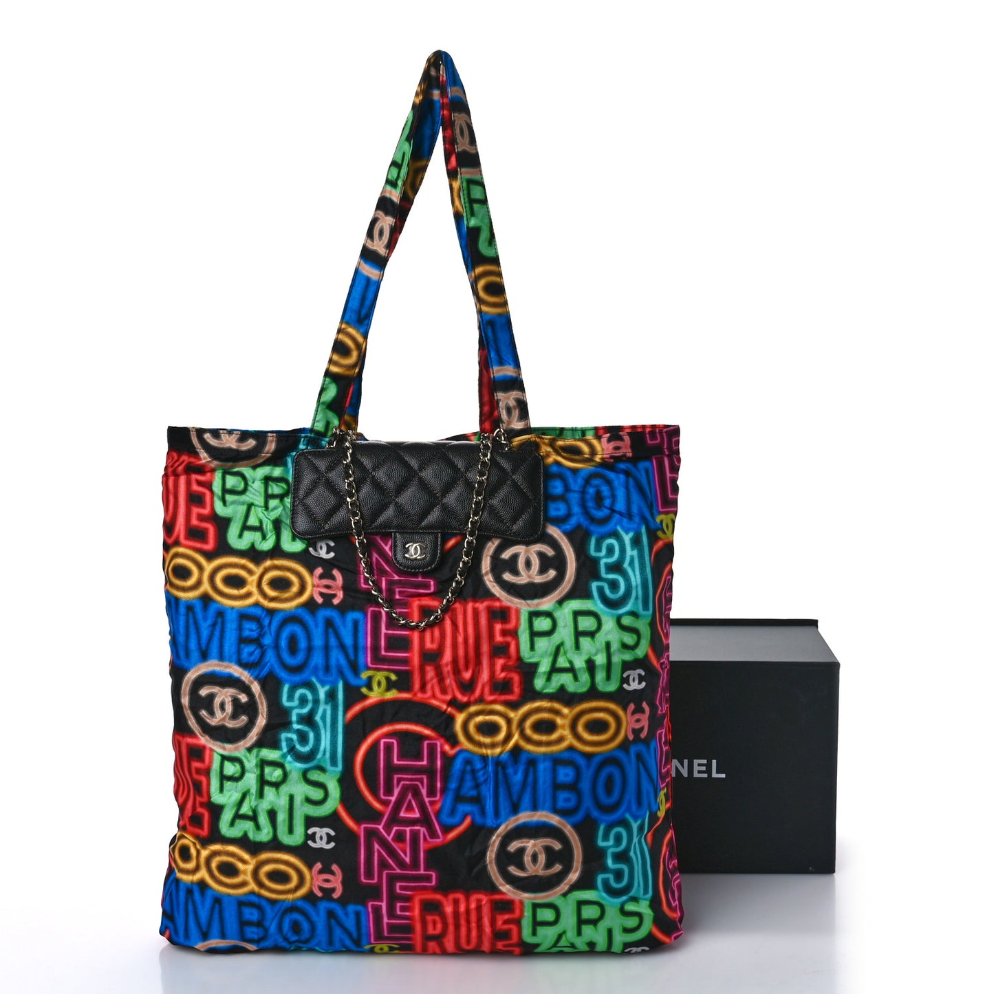 Caviar Fabric Graffiti Foldable Tote Bag With Chain Black Multicolor