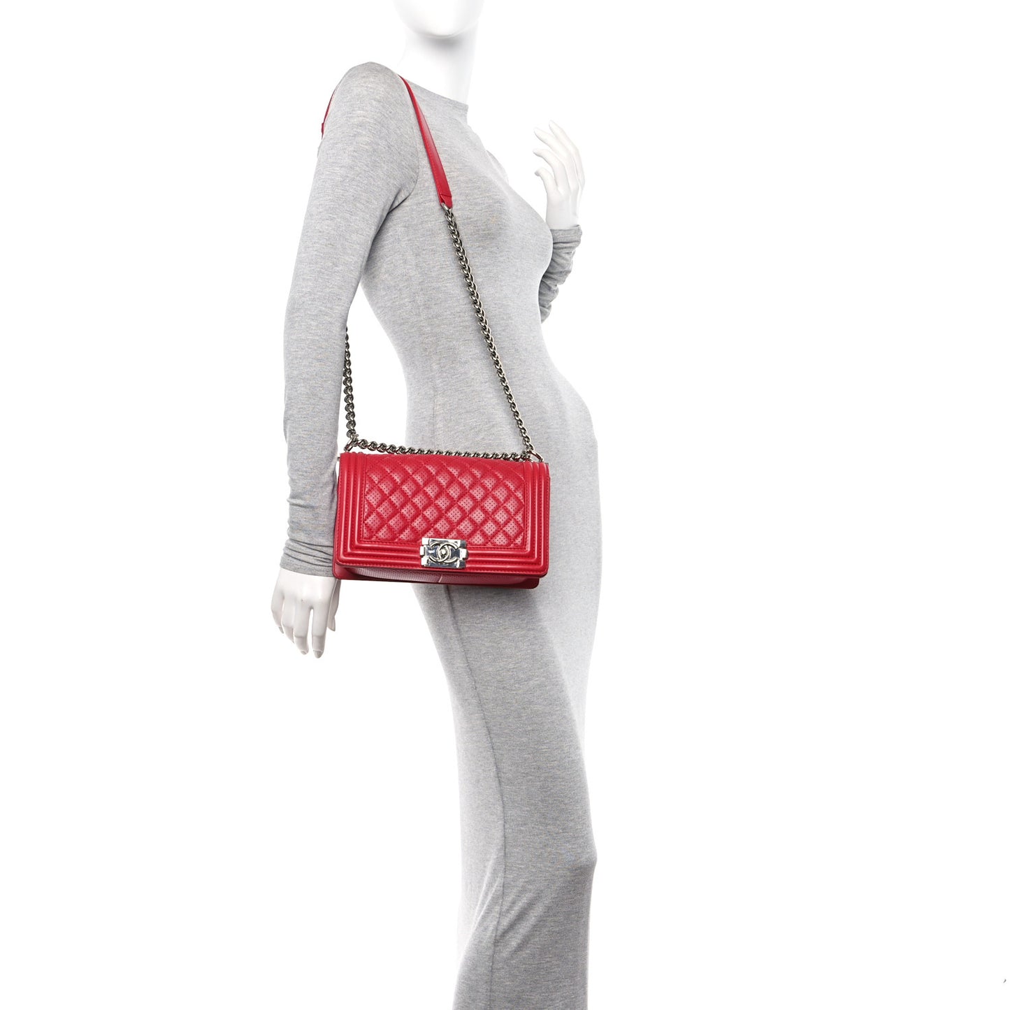 Perforated Lambskin Quilted Medium Boy Flap Red