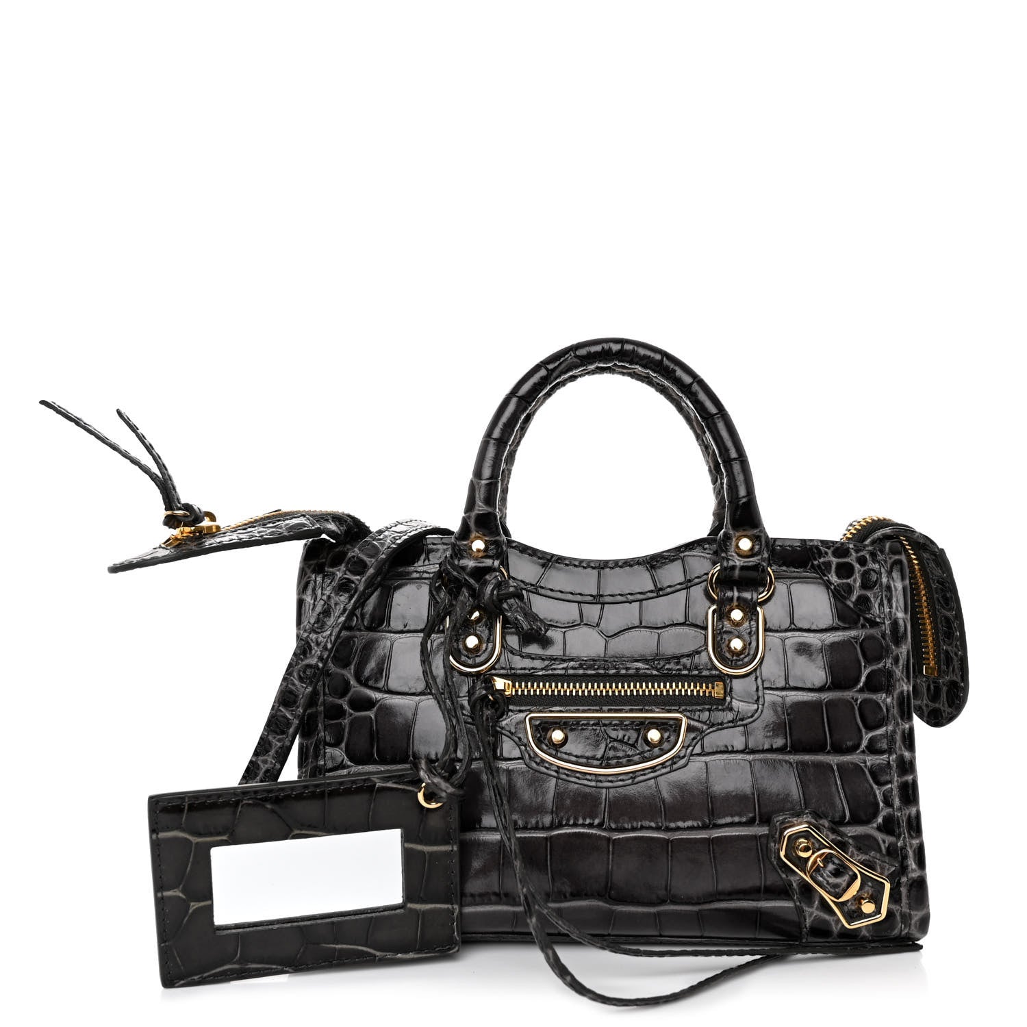 Balenciaga Calfskin Crocodile Embossed Gold Metallic Edge Hardware Nano City Dark Grey 1 of 9