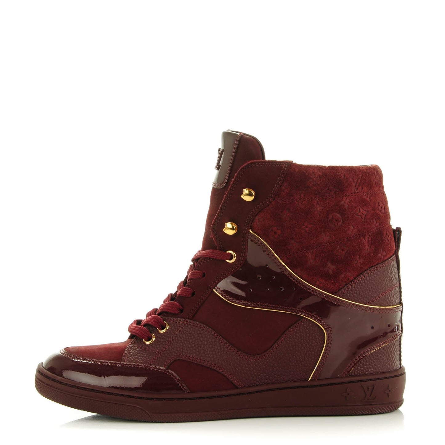 Calfskin Patent Suede Monogram Cliff Top Wedge Sneakers 39 Bordeaux