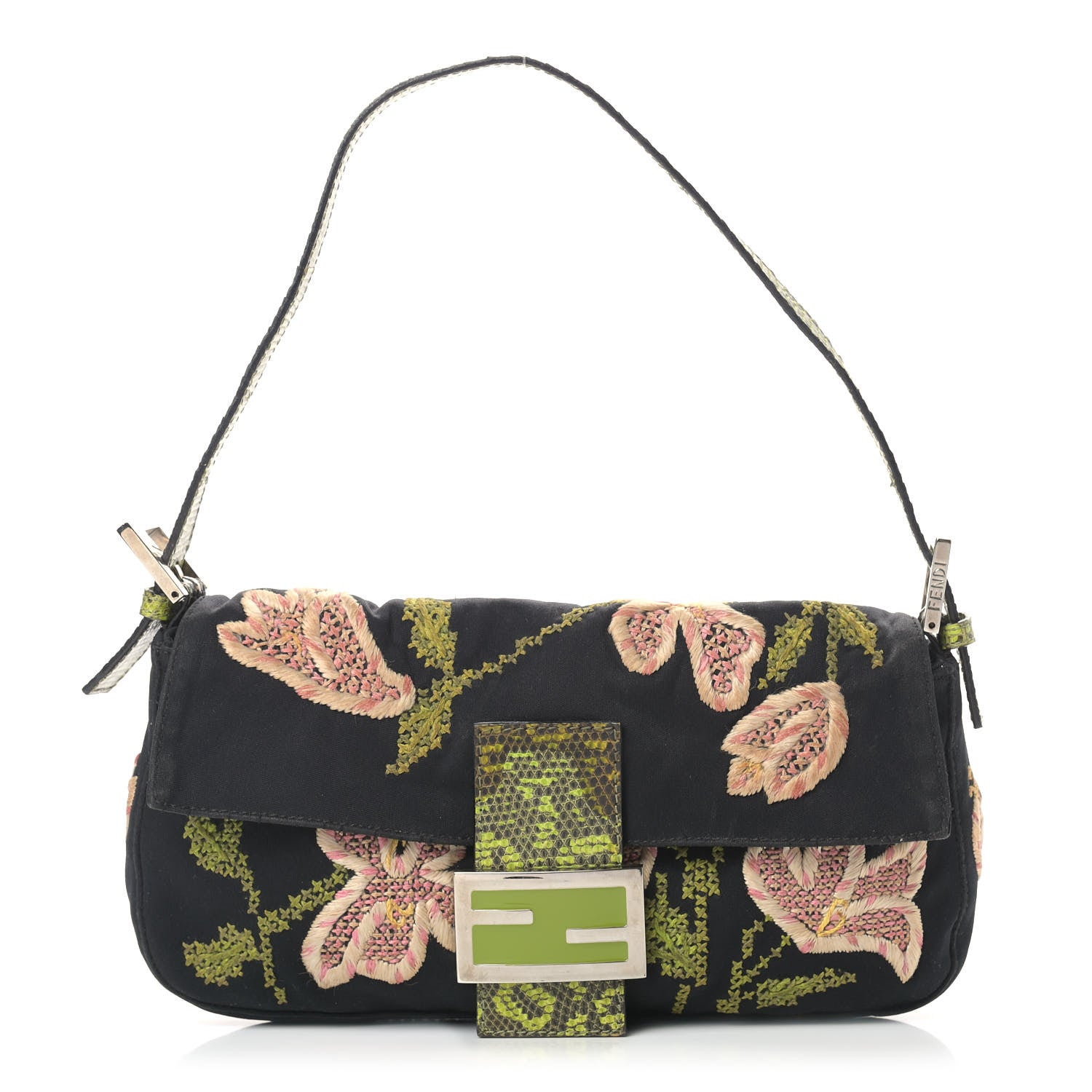 Fendi Canvas Lizard Embroidered Flower Baguette Black Multicolor 1 of 10