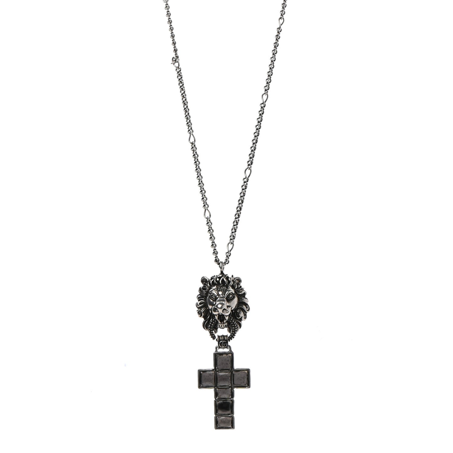 Enamel Brass Lion Head Crucifix Necklace Black