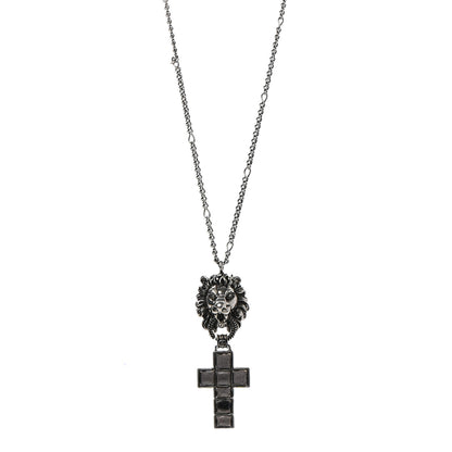 Gucci Enamel Brass Lion Head Crucifix Necklace Black 1 of 8