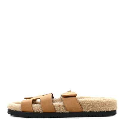 Hermes Suede Goatskin Woolskin Womens Chypre Sandals 37 Golden Beige 1 of 7