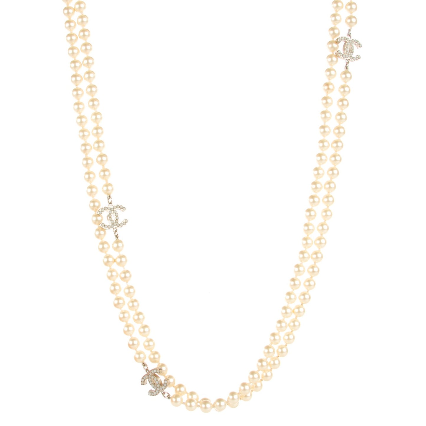 Pearl CC Long Necklace Silver