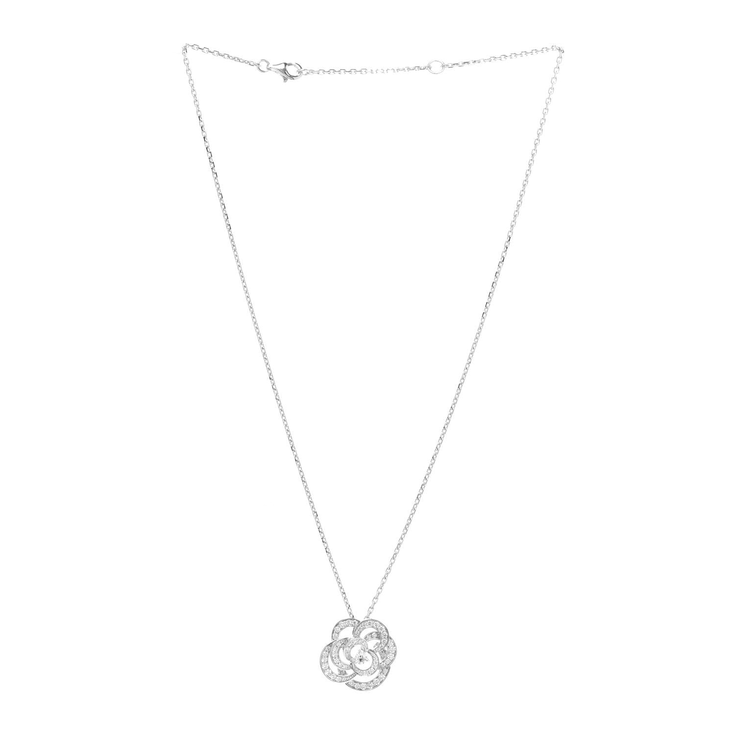 Chanel 18K White Gold Diamond Small Fil De Camelia Pendant Necklace 3 of 7
