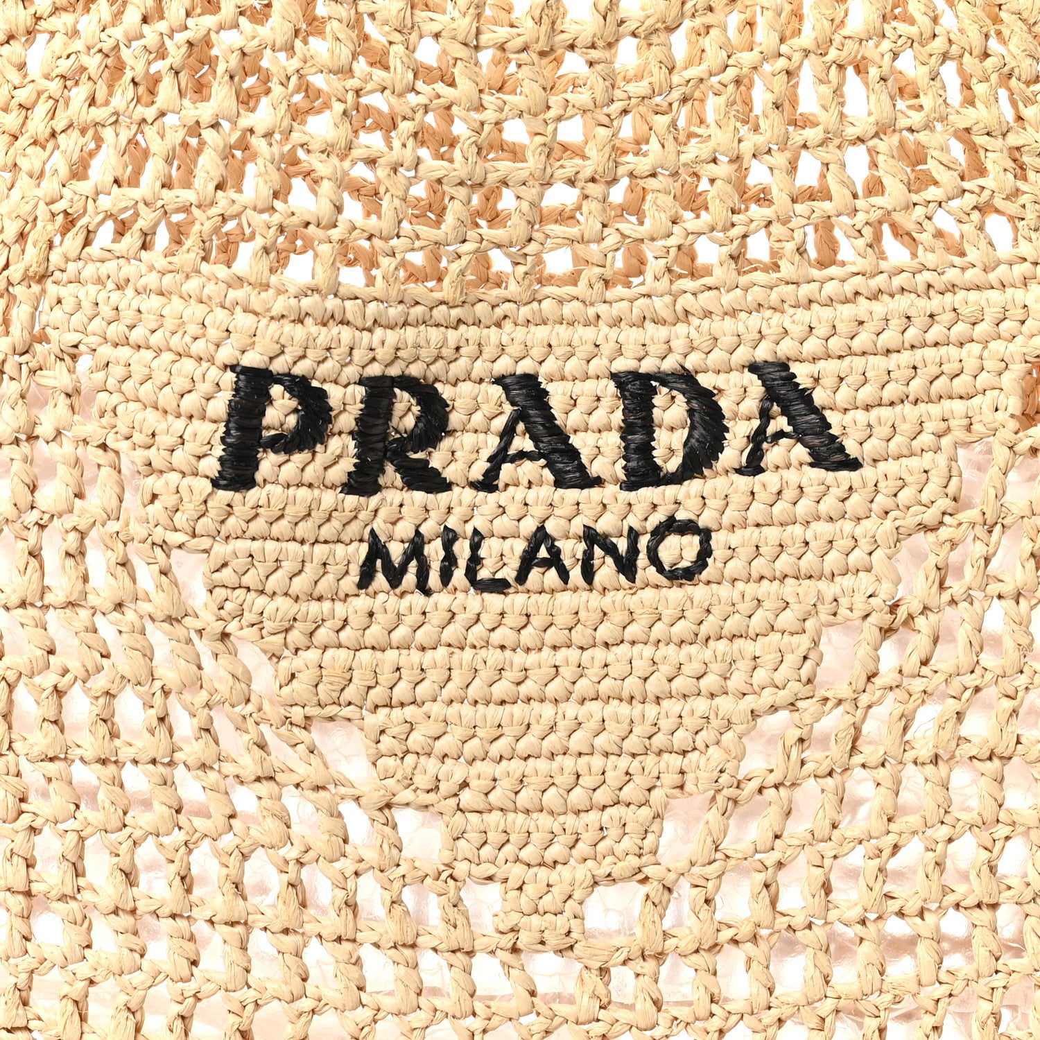 Prada Yarn Raffia Effect Crochet Logo Embroidered Tote Bag Naturale 7 of 9