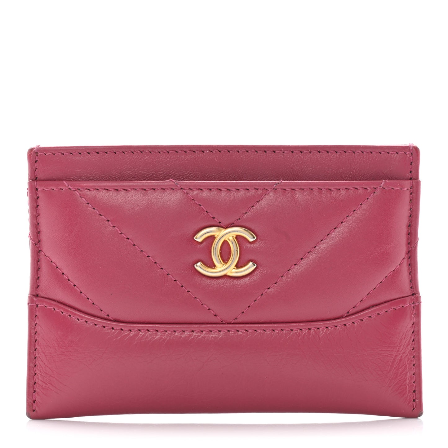 Aged Calfskin Chevron Quilted Gabrielle Card Holder Wallet Dark Pink