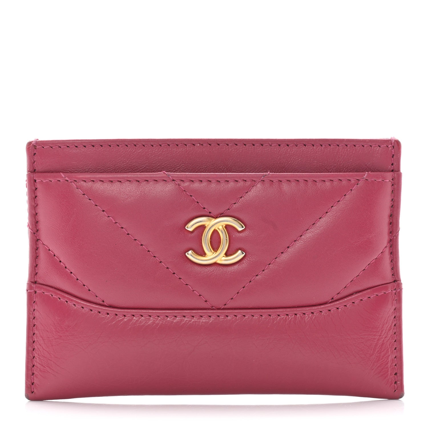 Chanel Aged Calfskin Chevron Quilted Gabrielle Card Holder Wallet Dark Pink 1 of 8