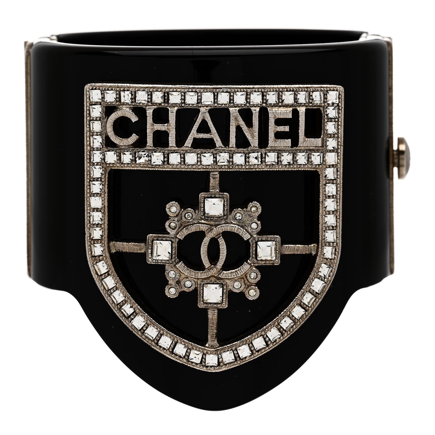 Chanel Resin Swarovski Baguette Crystal CC Shield Cuff Black 1 of 5