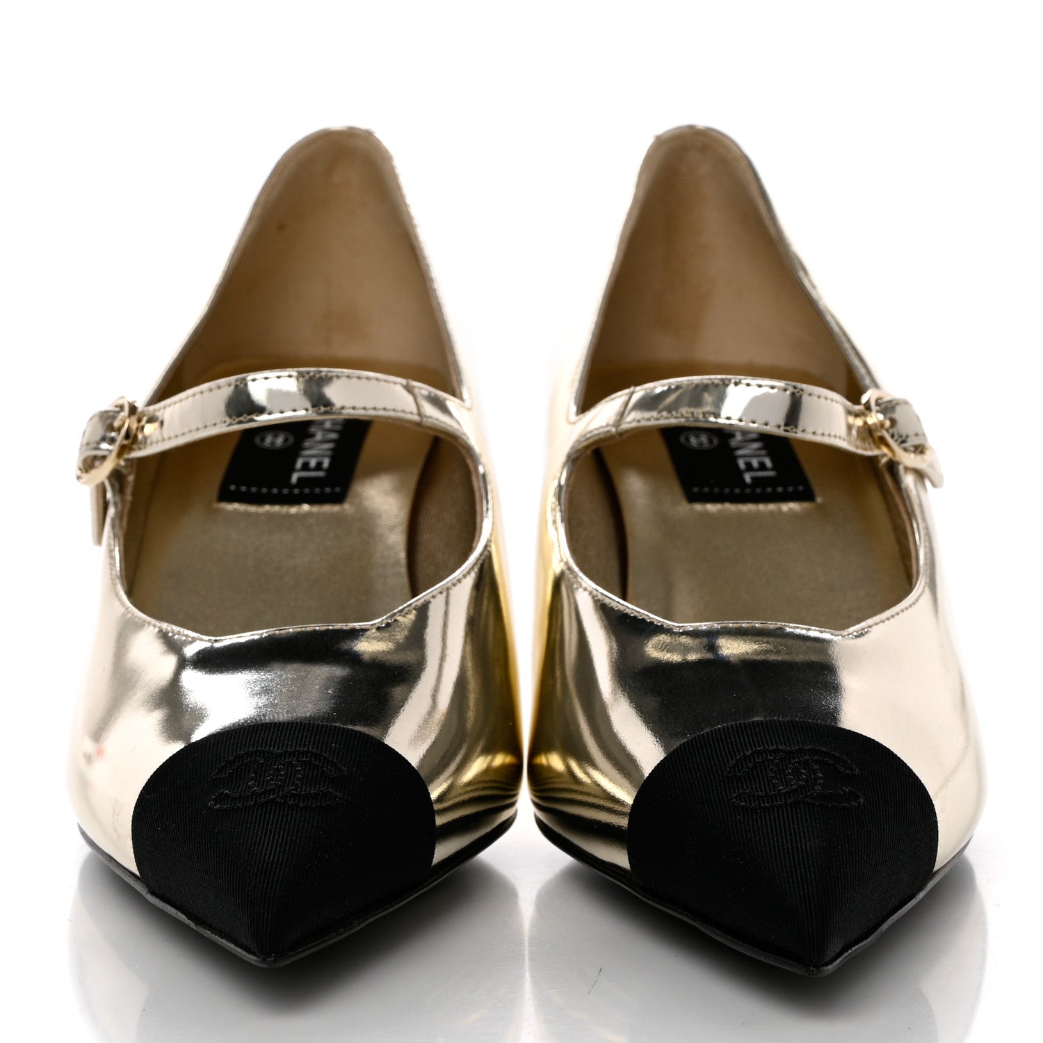 Chanel Laminated Calfskin Grosgrain Cap Toe CC Pointed Toe Wedge Pumps 38 Gold Black 2 of 9