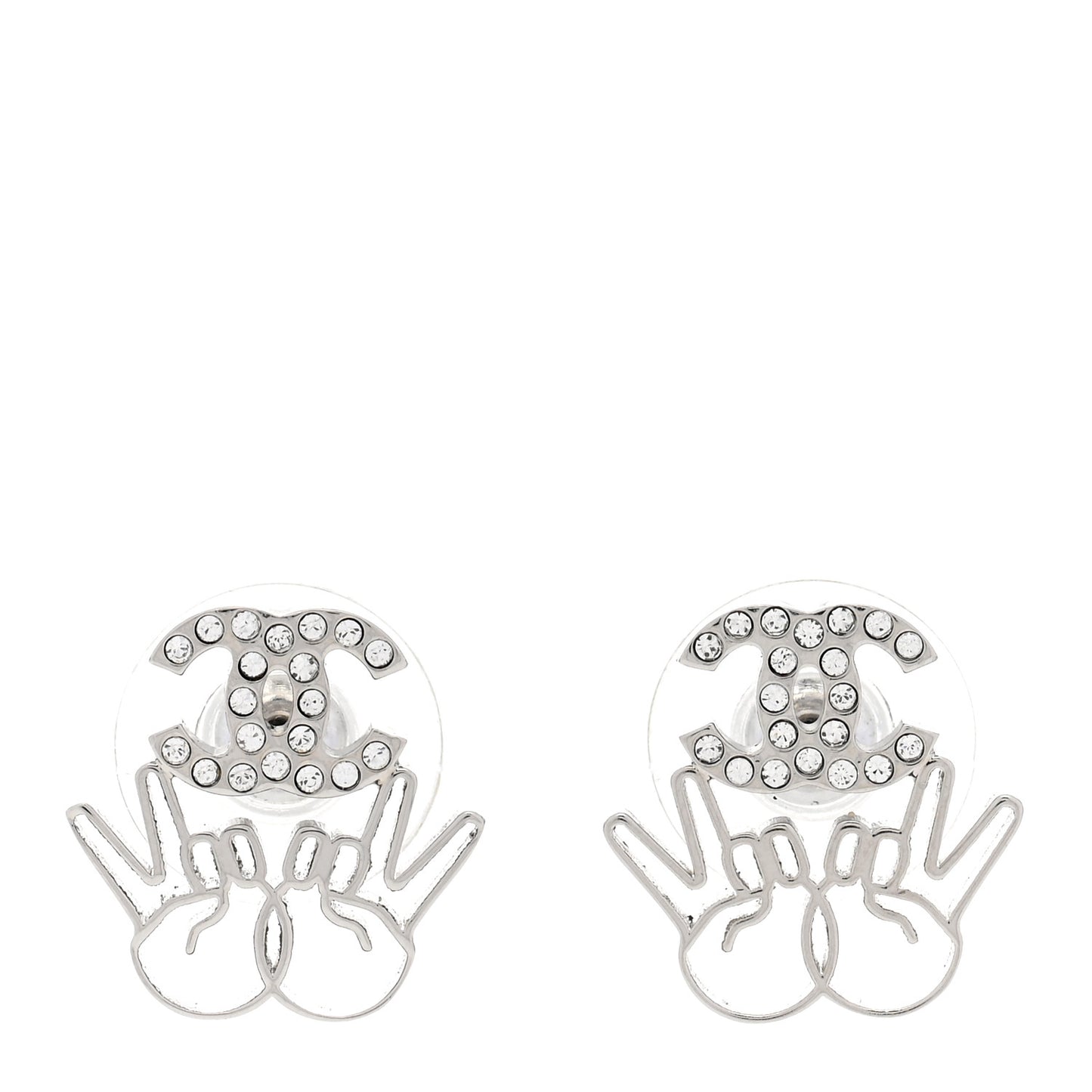 Crystal CC Peace Sign Emoji Earrings Silver