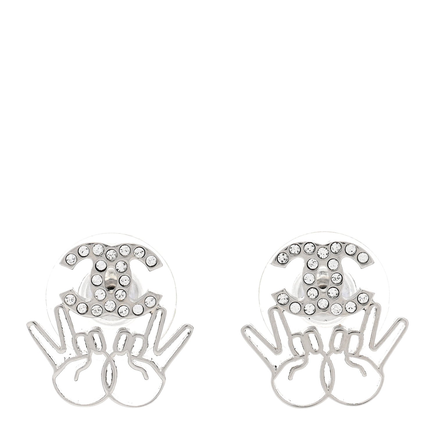 Chanel Crystal CC Peace Sign Emoji Earrings Silver 1 of 4
