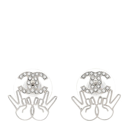 Chanel Crystal CC Peace Sign Emoji Earrings Silver 1 of 4