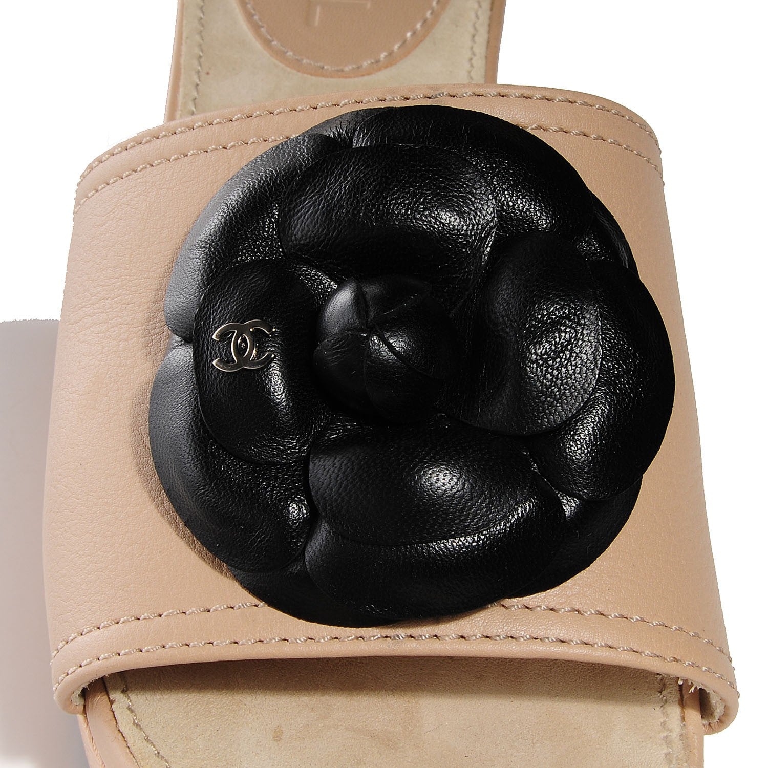 Chanel Leather Camellia Mules 38 Beige Black 8 of 8