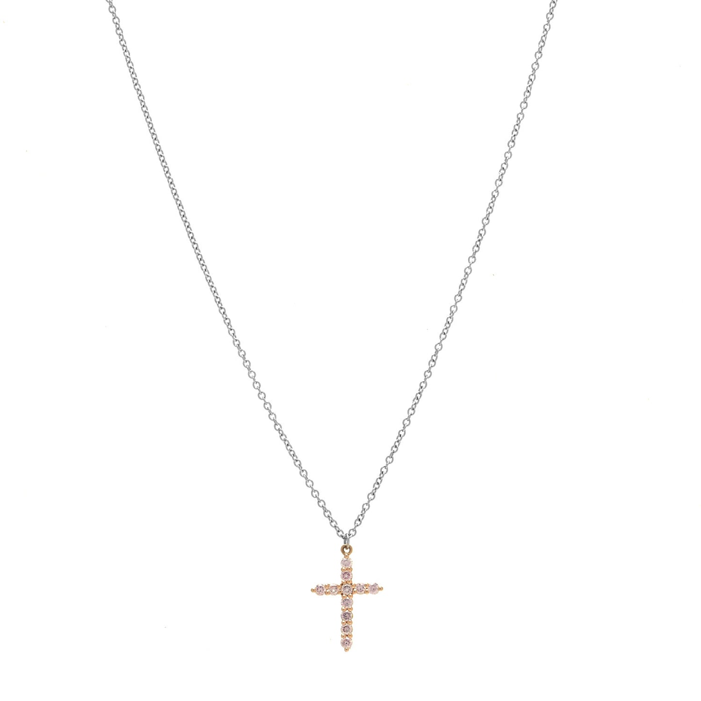 18K Rose Gold Platinum Pink Diamond Small Cross Pendant Necklace