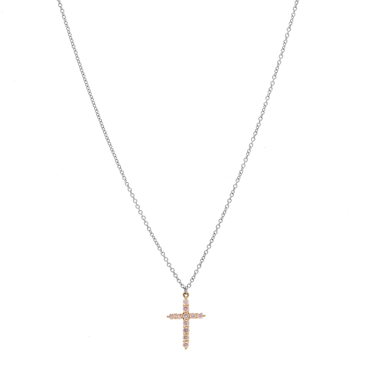 Tiffany 18K Rose Gold Platinum Pink Diamond Small Cross Pendant Necklace 1 of 7