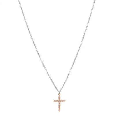 Tiffany 18K Rose Gold Platinum Pink Diamond Small Cross Pendant Necklace 1 of 7