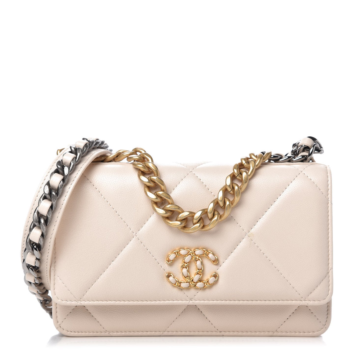 Goatskin Quilted Chanel 19 Wallet On Chain WOC Light Beige