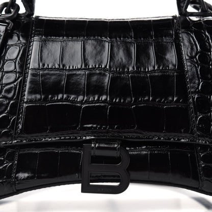 Balenciaga Shiny Calfskin Monochrome Crocodile Embossed Small Hourglass Top Handle Bag Black 9 of 9