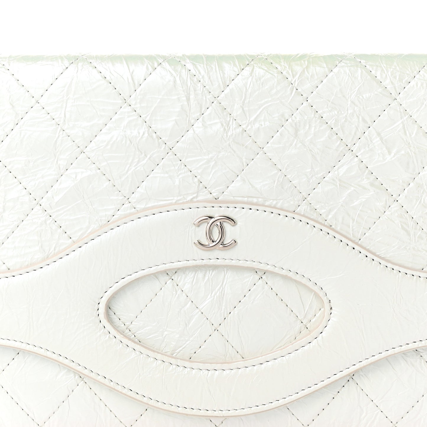 Iridescent Aged Calfskin Quilted Large 31 Pouch White