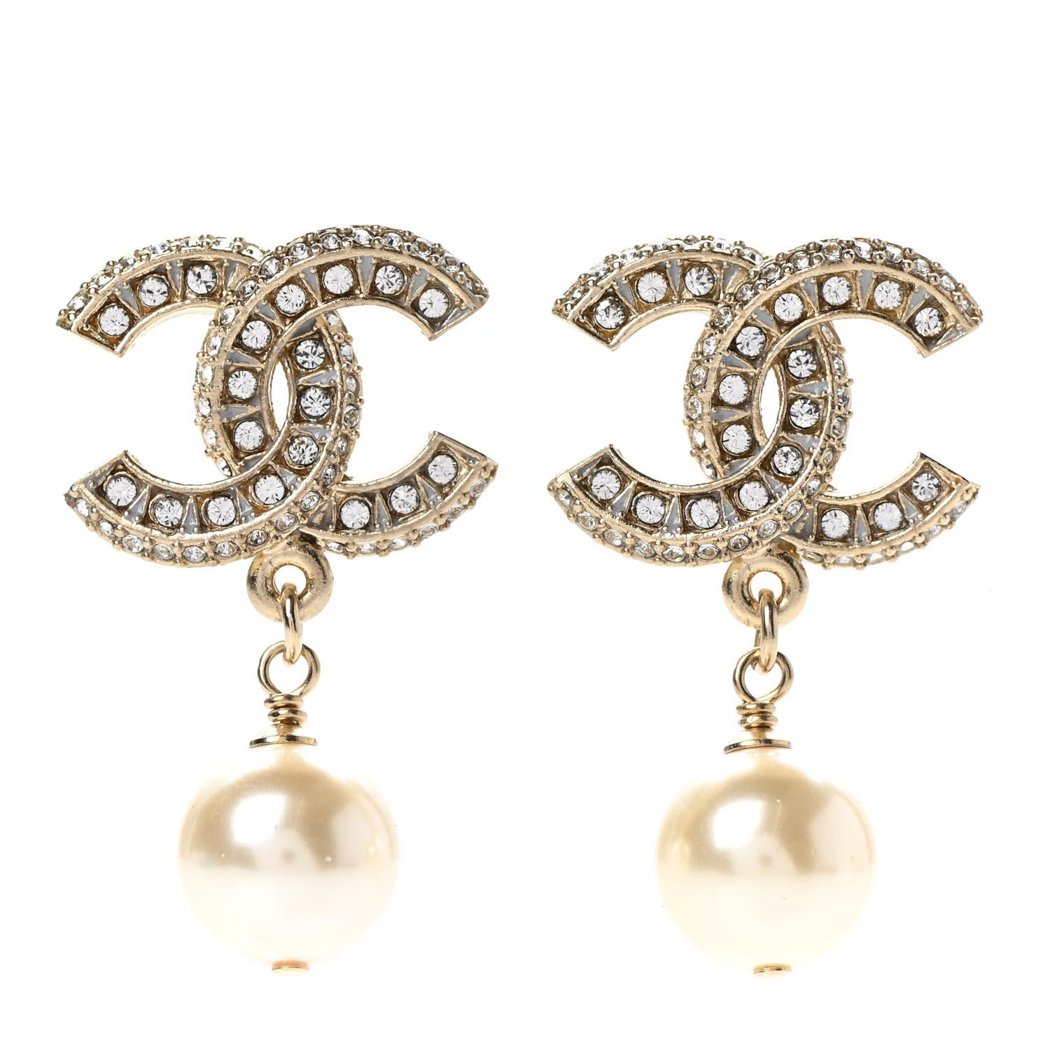 Chanel Crystal Pearl CC Drop Earrings Gold 1 of 4
