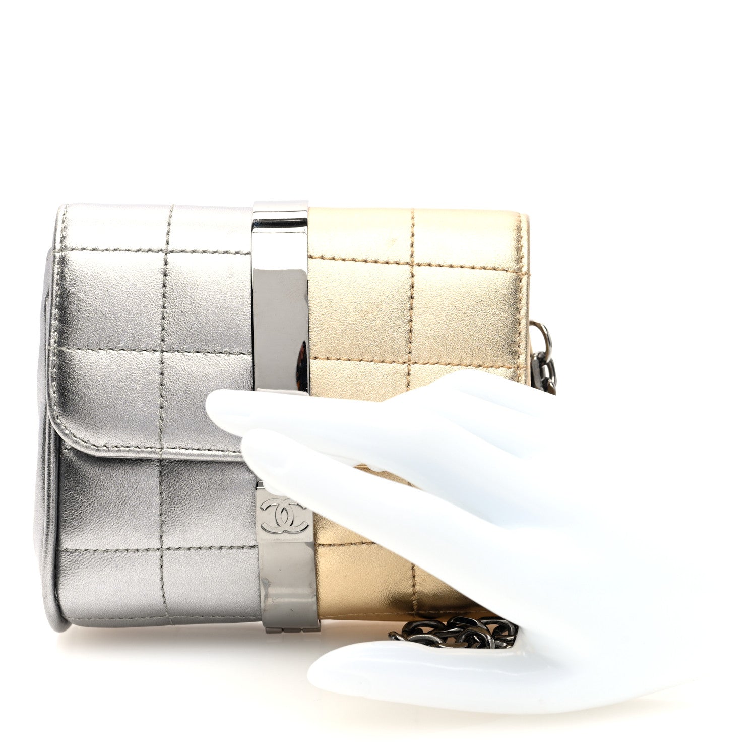Chanel Metallic Lambskin Square Quilted Wristlet Clutch Gold Silver 2 of 10