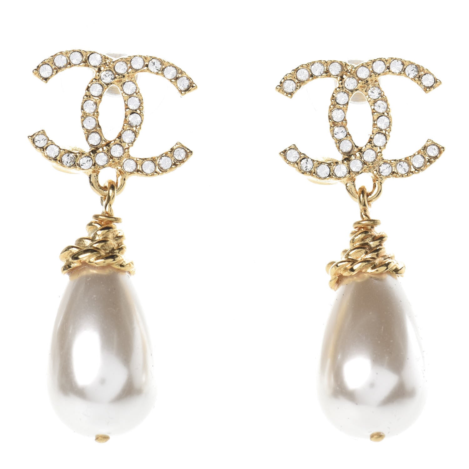 Chanel Crystal Pearl CC Drop Earrings Gold 1 of 4