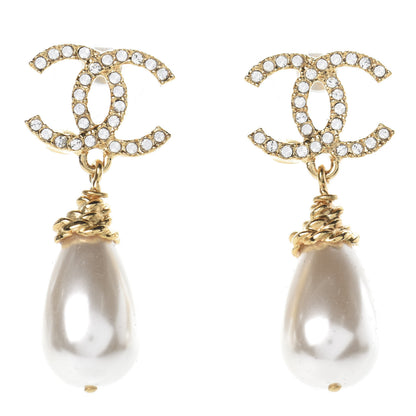 Chanel Crystal Pearl CC Drop Earrings Gold 1 of 4
