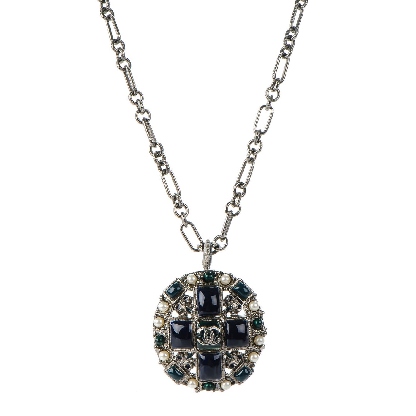 Gripoix Poured Glass Pearl CC Necklace Silver