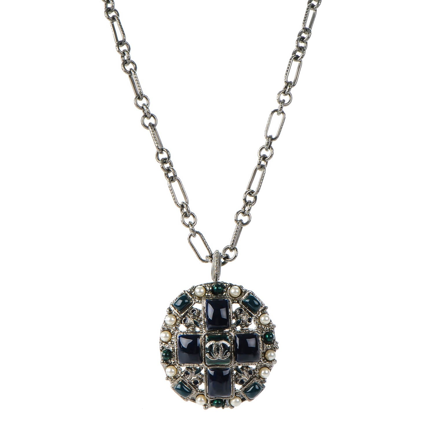 Chanel Gripoix Poured Glass Pearl CC Necklace Silver 1 of 5